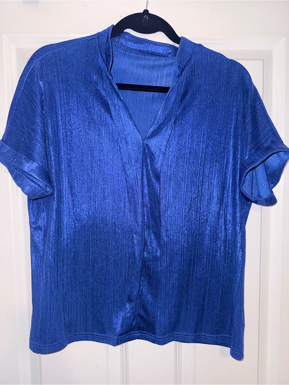 Blue Shimmer Short Sleeve V-Neck Women's Top